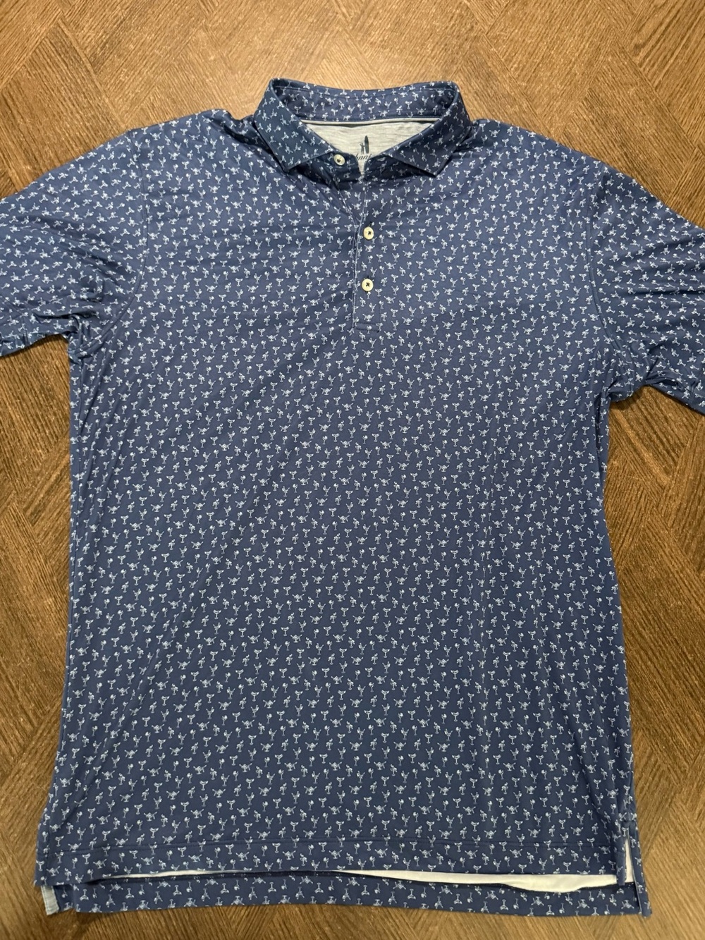 johnnie-O Featherweight Blue Polo with White Micro Cocktail Drink Print-size M